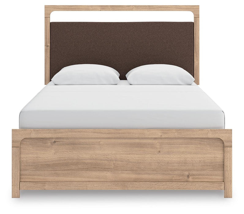 Kinlanni Queen Upholstered Panel Bed, Dresser, Mirror and Nightstand
