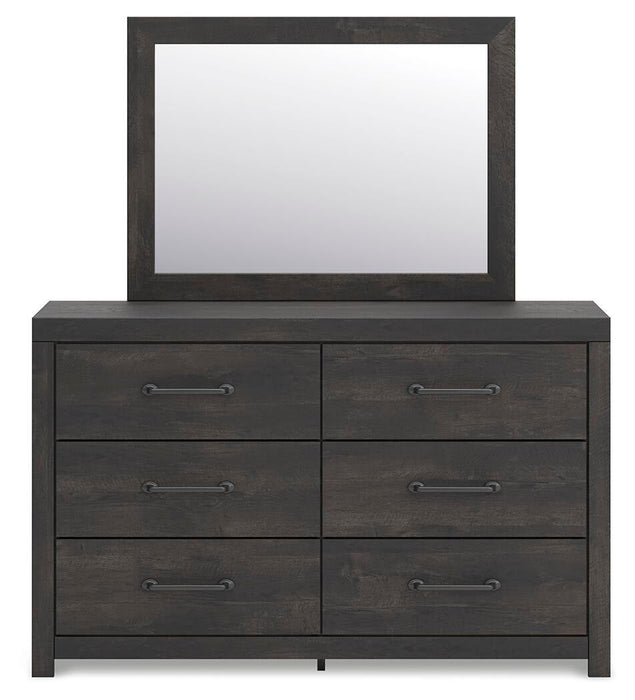 Delmorta Full Panel Bed with Storage, Dresser and Mirror
