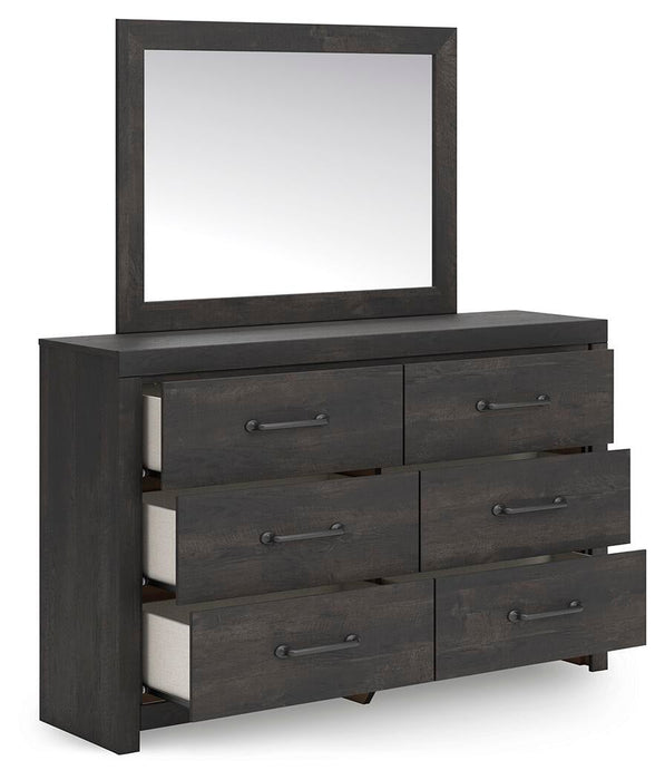 Delmorta Full Panel Bed with Storage, Dresser, Mirror, Chest and Nightstand