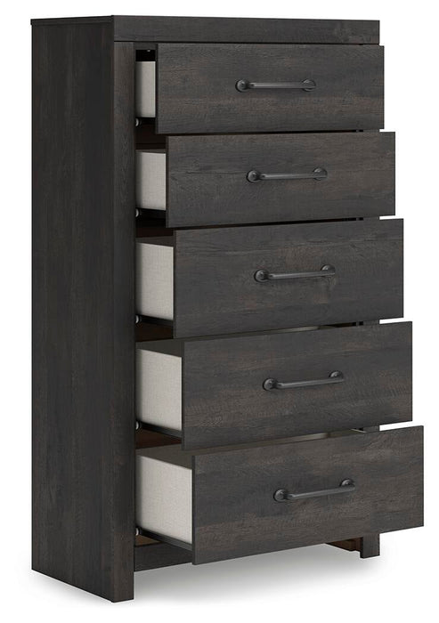 Delmorta Queen Panel Bed, Dresser, Mirror, Chest and Nightstand