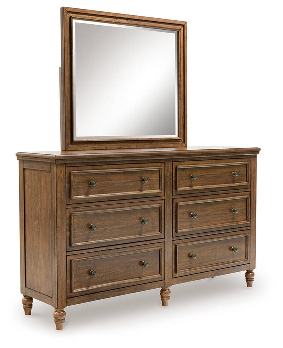 Sturlayne Queen Upholstered Panel Bed, Dresser, Mirror and Nightstand