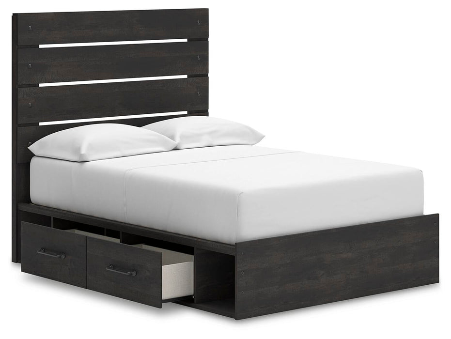 Delmorta Full Panel Storage Bed, Dresser, Mirror and Nightstand