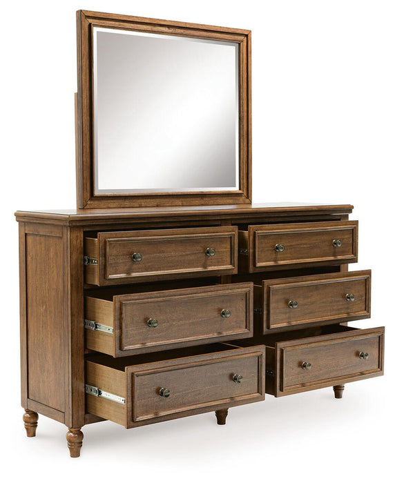 Sturlayne Queen Upholstered Panel Bed, Dresser, Mirror, Chest and Nightstand