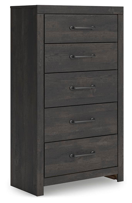 Delmorta Full Panel Storage Bed, Dresser, Mirror, Chest and Nightstand
