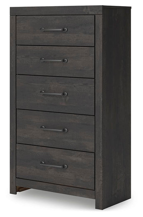 Delmorta Full Panel Storage Bed, Dresser, Mirror, Chest and Nightstand