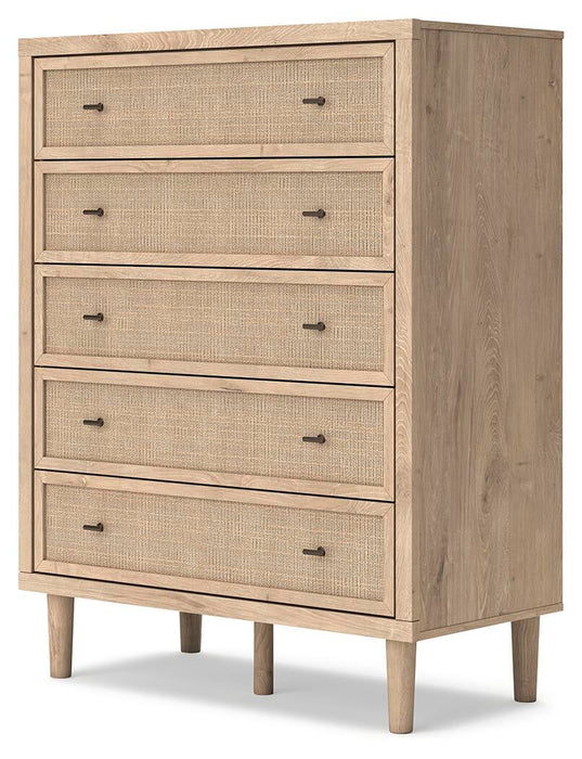 Cielden Full Upholstered Bed with Roll Slats, Dresser, Mirror, Chest and Nightstand
