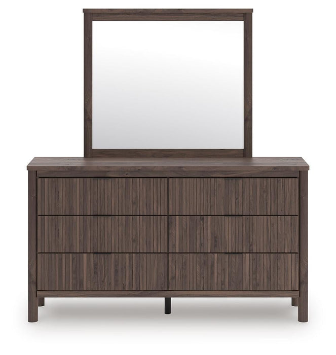 Cadmori King Upholstered Panel Bed, Dresser, Mirror, Chest and Nightstand
