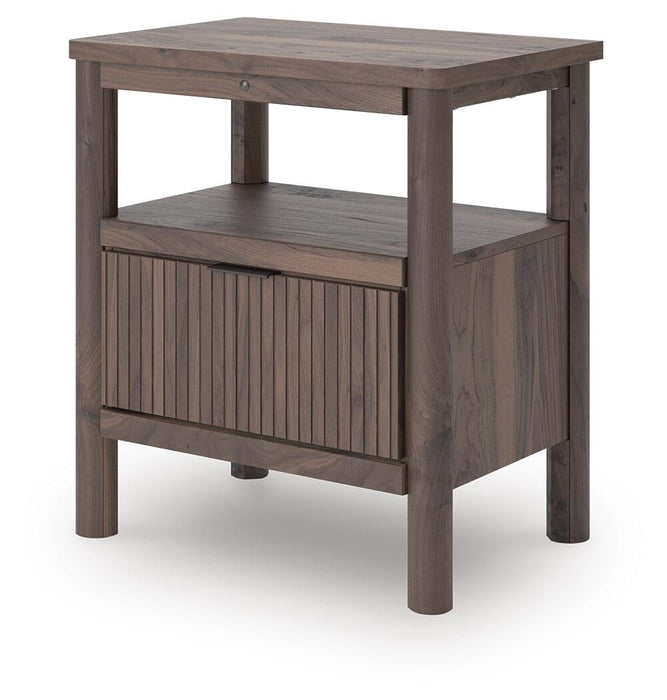 Cadmori King Upholstered Panel Bed, Dresser, Mirror, Chest and Nightstand