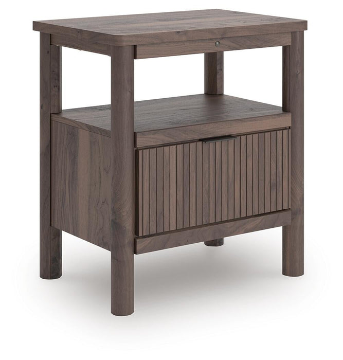 Cadmori King Upholstered Panel Platform Bed, Dresser, Mirror, Chest and Nightstand