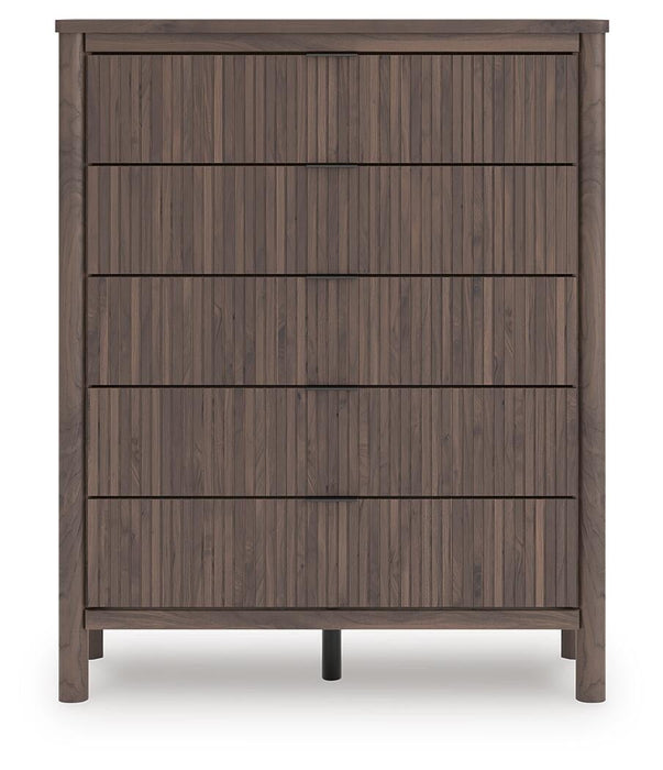Cadmori Queen Upholstered Panel Bed, Dresser, Mirror, Chest and Nightstand