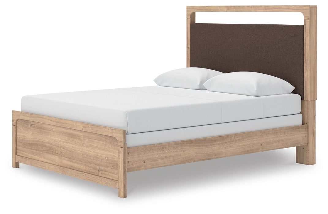 Hollymount Queen Upholstered Panel Bed, Dresser, Mirror and Nightstand