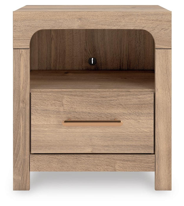 Hollymount Queen Upholstered Panel Bed, Dresser, Mirror and Nightstand