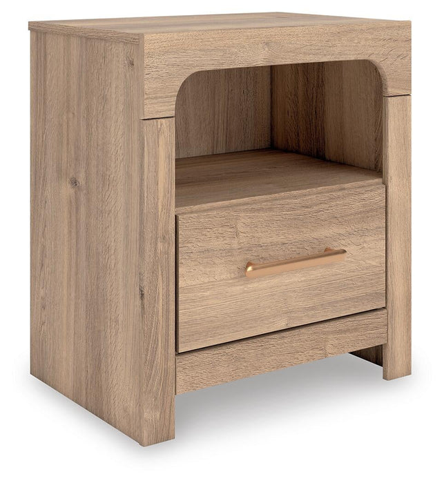 Hollymount Queen Upholstered Panel Bed, Dresser, Mirror and Nightstand