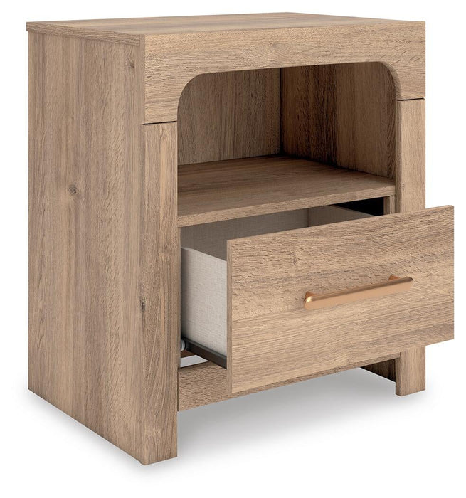 Hollymount Queen Upholstered Panel Bed, Dresser, Mirror and Nightstand