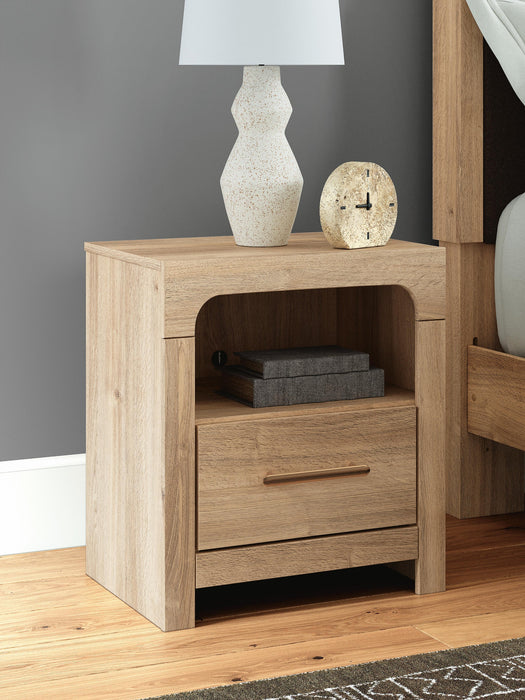 Hollymount Queen Upholstered Panel Bed, Dresser, Mirror and Nightstand