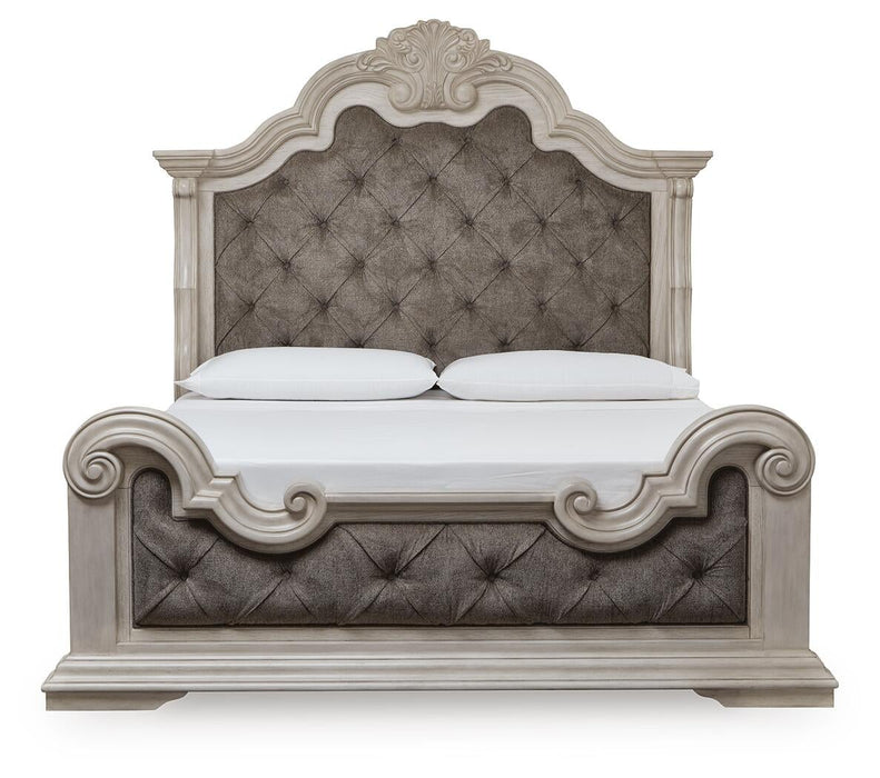 Andonhall King Upholstered Panel Bed with Mirrored Dresser and Nightstand